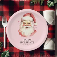 Pink Vintage Retro Santa Claus Christmas Paper Plates