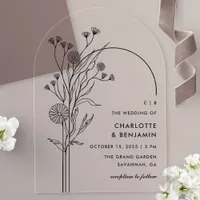 Black Wildflower Modern Minimalist Arch Wedding Acrylic Invitations