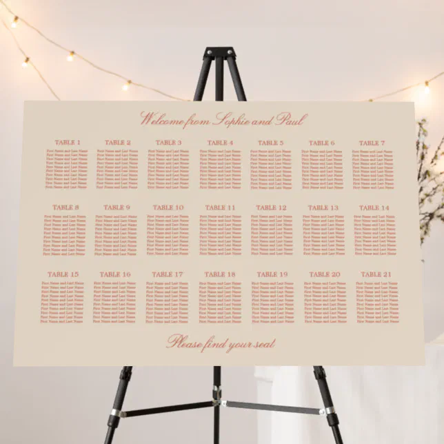 Terracotta Script 21 Table Wedding Seating Chart Foam Board