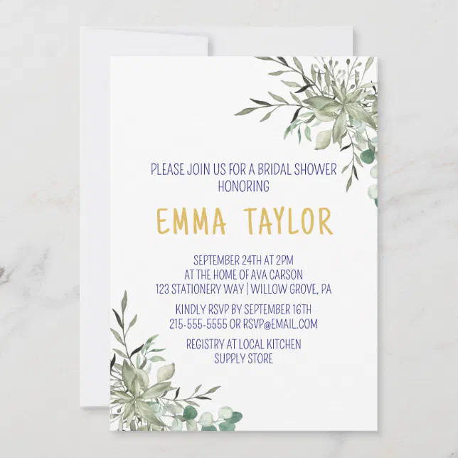 Simple Eucalyptus Greenery Navy Blue and Gold Invitation