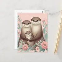 Adorable Otter Boho Pink Rose Mom Dad and Baby Postcard