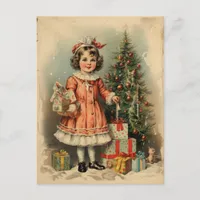 Vintage Style Cute Girl with Gifts Christmas Holiday Postcard