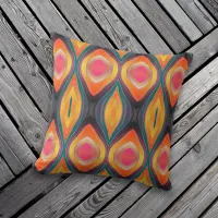 Pink Orange Yellow Retro Funky Abstract Pattern Outdoor Pillow