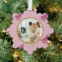 Dusty pink red Pagoda Merry Christmas Tree 2-Photo Ornament Card