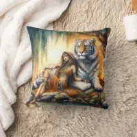 Native American Woman Relaxing With Tiger By Water Throw Pillow