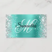 Silver Glitter Turquoise Foil Fancy Monogram Business Card