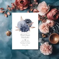 Dusty Blue and Rose Gold Floral Wedding QR Code In Invitation