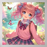 Pretty Anime Girl in Pink Pigtails Poster