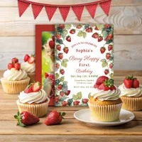 Strawberry Vintage Girl 1st Birthday Photo Invitation