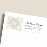 Beige and White Trendy Damask Custom Monogram Label