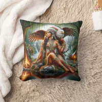 Native American Woman With Eagle Near Waterfall Throw Pillow