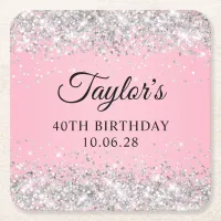 Silver Glitter Pink 40th Birthday Square Paper Coaster