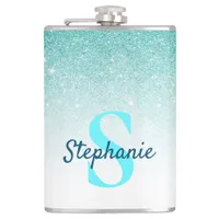 Monogram Glitter Ombre Aqua Blue Girly Flask