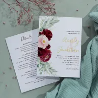 Modern Burgundy Floral Greenery Wedding All in One Foil Invitation