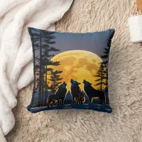 Wolves Howling Under a Full Moon in Winter Night Throw Pillow