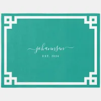 Family Name Green Blue Greek Key Border Rug