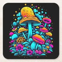 Retro Neon Mushrooms and Flowers Ai Art Square Paper Coaster