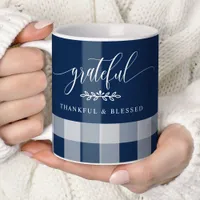 Grateful Thankful Blessed Navy & White Plaid Coffee Mug