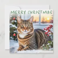 Tabby Cat In Snow Elegant Merry Christmas Holiday Card