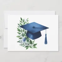 Classy Blue Graduation Cap and Green Botanical Thank You Card