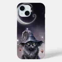 Black Halloween Cat Wearing a Witch Hat  iPhone 15 Case