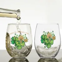 Shamrock ST Patrick  Stemless Wine Glass