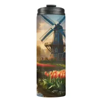 Windmill in Dutch Countryside by River with Tulips Thermal Tumbler