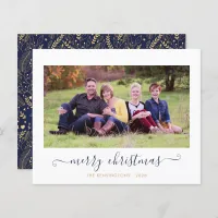 BUDGET Navy Blue Gold Script Christmas Photo