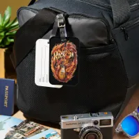 A fiery guitar surrounded by musical notes luggage tag