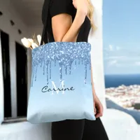 Custom Monogram Ice Blue Glitter Drips Metallic Tote Bag