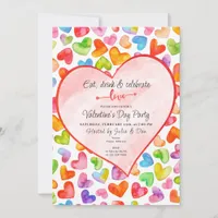 Eat Drink & Love Watercolor Hearts Valentine Party Invitation