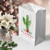 Rustic Christmas Cactus White Wood Holiday Medium Gift Bag