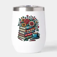 Personalized Vintage Books, Coffee and Flowers Thermal Wine Tumbler