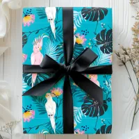 Tropical Parrot Birds Palm Leaves Blue Pattern Wrapping Paper