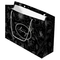 Sketched Floral Outline Pattern Gray/Blk ID939 Large Gift Bag