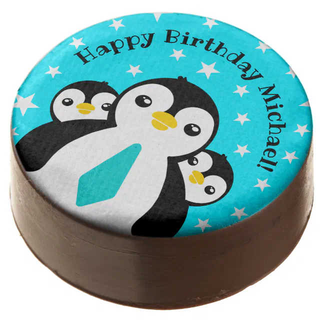 Cute Happy Birthday Boy Penguins Blue Neckties Chocolate Covered Oreo