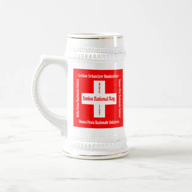 Swiss National Day in Four Languages Swiss Flag Beer Stein