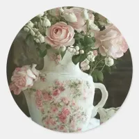 Pretty Pink Roses in Vintage Antique China Teapot Classic Round Sticker