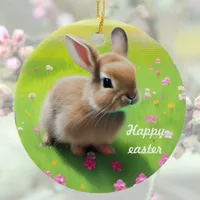 Cute baby rabbit in a flower meadow    ceramic ornament