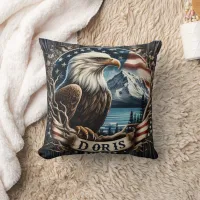 American Eagle With Mountains and Flag Background Throw Pillow