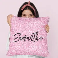 Light Pink Glitter Black Brush Script Throw Pillow