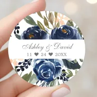 Navy Blue Floral Pattern Watercolor Wedding Classic Round Sticker