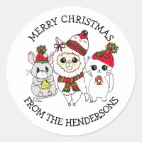 Personalized Christmas Llama, Kitten and Mouse Classic Round Sticker