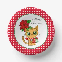 Merry Christmas | Orange Cat with Poinsettia    Paper Bowls