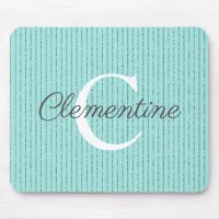 Girly Teal Blue Glitter Stripes Monogram Mouse Pad