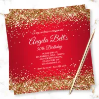 Faux Sparkly Gold Glitter Bright Red Ombre Invitation