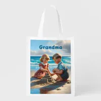 Children Building a Sandcastle on the Beach  Grocery Bag