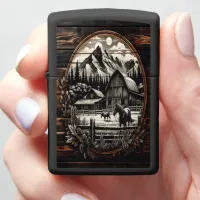 A Rustic Farmhouse Silhouette Against A Majestic M Zippo Lighter