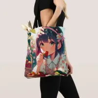 Cute Anime Girl Eating Strawberries | Summer Day Tote Bag