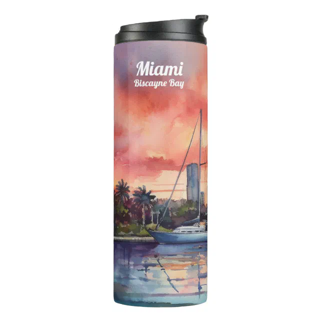 Watercolor sunset over Miami from Biscayne Bay Thermal Tumbler